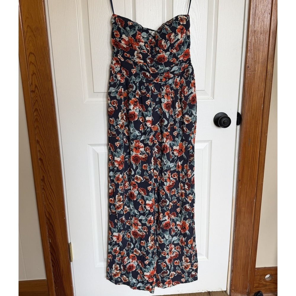 Womens Floral Navy Ruched Tube Top Defined Waist Boho Wide Leg Jumpsuit (L) Cute